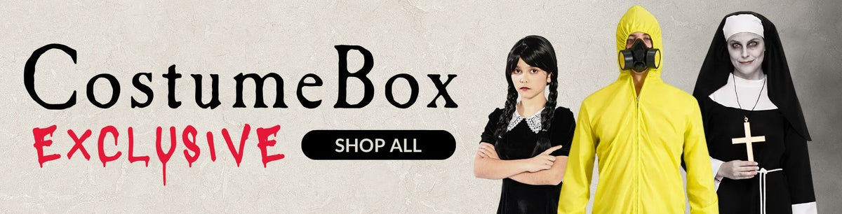 Banner graphic for CostumeBox Exclusives. Left side displays the text "CostumeBox EXCLUSIVE" in red font with a black "SHOP ALL" button. On the right, a young girl in a Wednesday Addams style dress stands next to a person in a bright yellow hazmat suit with a gas mask and a scary nun. Click to shop all CostumeBox Exclusive Costumes.