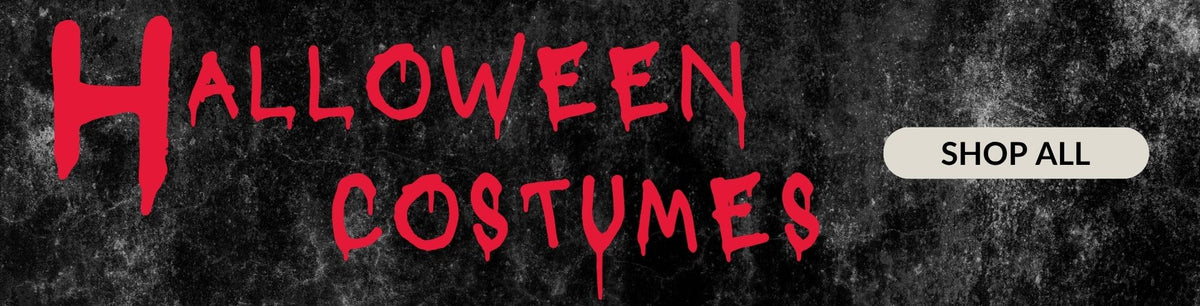 A black background with red dripping paint font that says "Halloween Costumes" and a beige shop all button. Click to shop all Halloween Costumes.