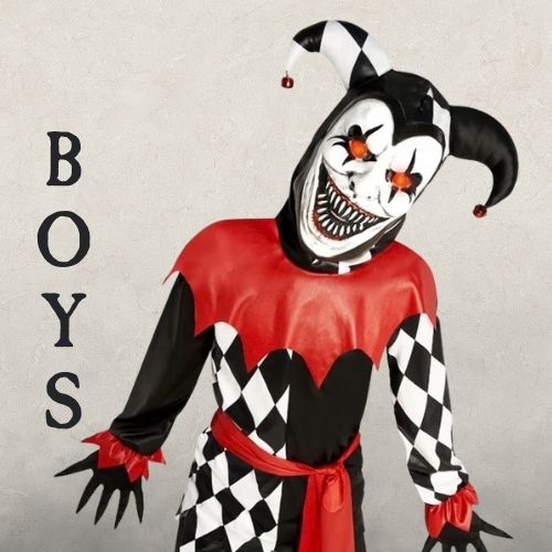 A Boy wearing a black, white and red clown costume on a beige background with the heading BOYS. Click to shop all boys Halloween Costumes. 