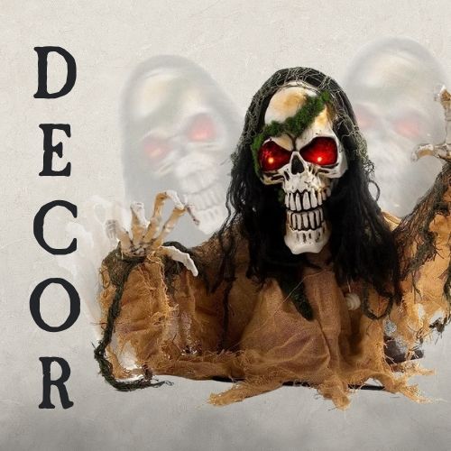 A skeleton lawn animatronic on a beige background with the heading DECOR. Click to shop all Halloween Decor.