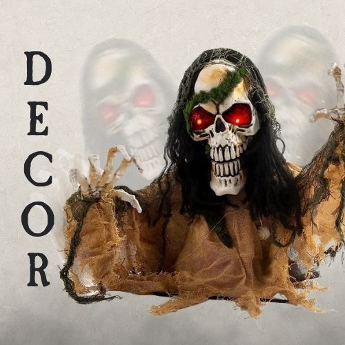 A skeleton lawn animatronic on a beige background with the heading DECOR. Click to shop all Halloween Decor.
