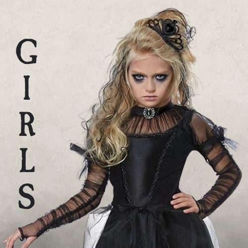A Girl wearing a black witch halloween costume on a black background with the text GIRLS. Click to shop all girls halloween costumes.