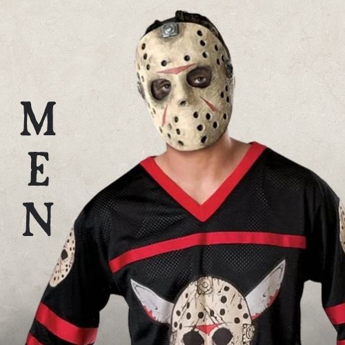 A Man wearing a Friday the 13th Halloween Costume on a beige background with the word MEN. Click to shop all Mens Halloween Costumes. 