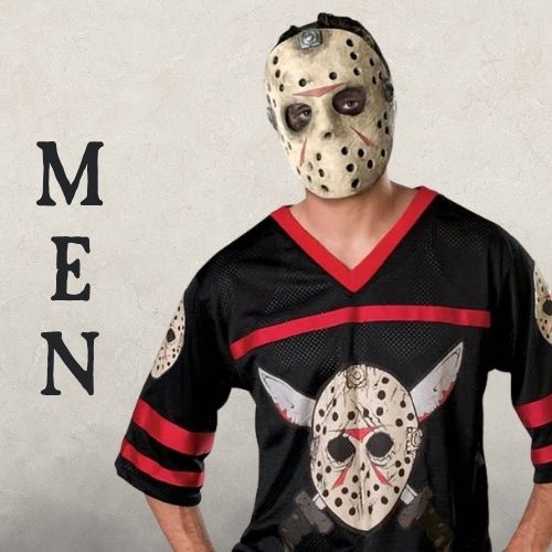 A Man wearing a Friday the 13th Halloween Costume on a beige background with the word MEN. Click to shop all Mens Halloween Costumes. 