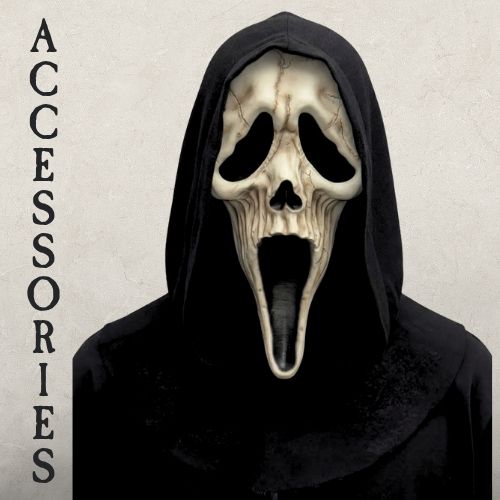 A Halloween ages Scream Ghost Face mask on a beige background with the headline ACCESSORIES. Click to shop all Halloween Props and Accessories.