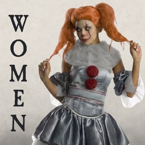 A Woman wearing a pennywise Halloween Costume on a beige background with the word WOMEN. Click to shop all Womens Halloween Costumes.