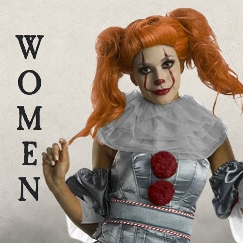 A Woman wearing a pennywise Halloween Costume on a beige background with the word WOMEN. Click to shop all Womens Halloween Costumes.