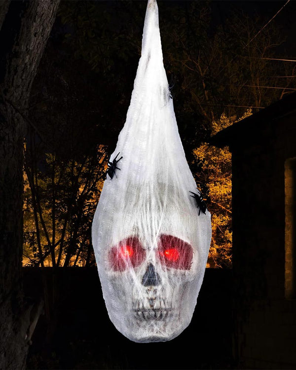 Light Up Hanging Skull Covered With Spider Web