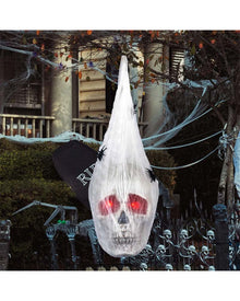 Light Up Hanging Skull Covered With Spider Web For Halloween