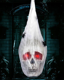 Light Up Hanging Skull Covered With Spider Web For Halloween