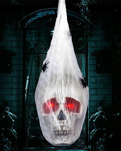 Light Up Hanging Skull Covered With Spider Web