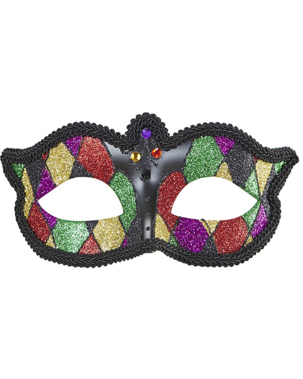 Colorful cat-eye mask with multicolored design on a white background