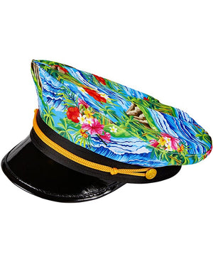 Colorful tropical hat with floral design on a white background