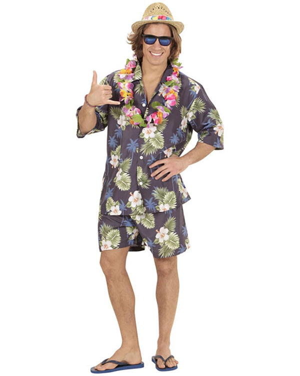 Man wearing a floral robe and hat on a white background