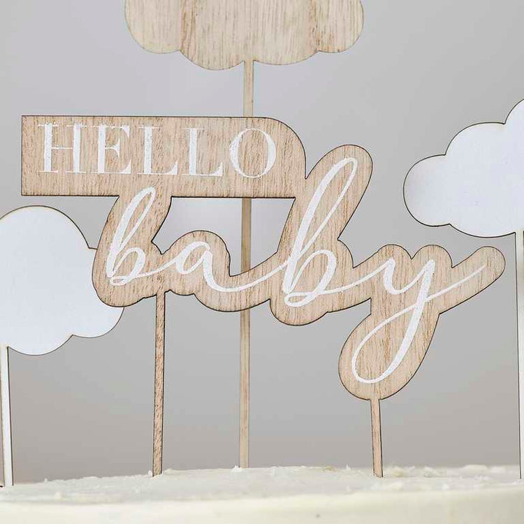 Hello Baby Wooden Hello Baby & Clouds Baby Shower Cake Topper