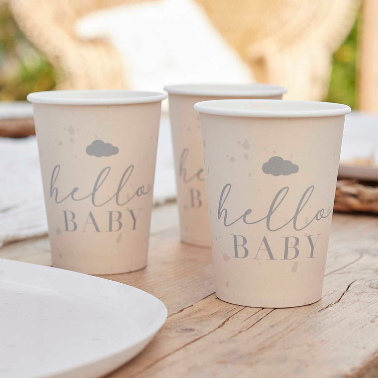 Hello Baby 9oz/266ml Paper Cups Baby Speckle Cream & Grey Pack of 8