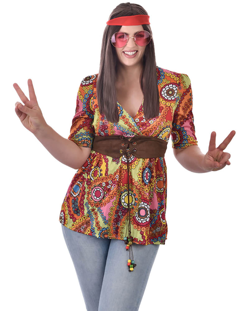 Hippie Shirt Waist Tie and Beads Womens Costume Set