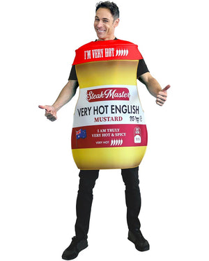 Person wearing a mustard costume with text on a white background