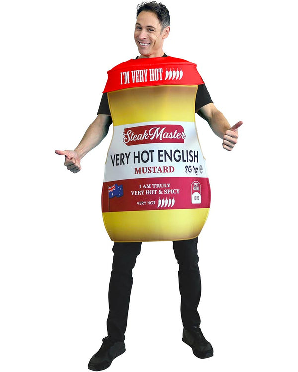 Person wearing a mustard costume with text on a white background
