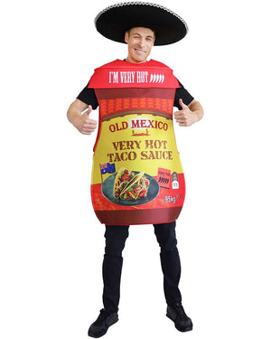 Person wearing a costume shaped like a container of Old Mexico brand taco sauce with a sombrero.