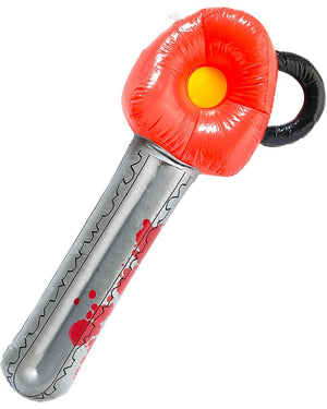 Inflatable chainsaw prop with red and silver design on a white background