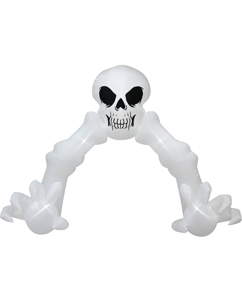 White inflatable skeleton arch decoration with a skull head and outstretched arms, shown on a plain white background.