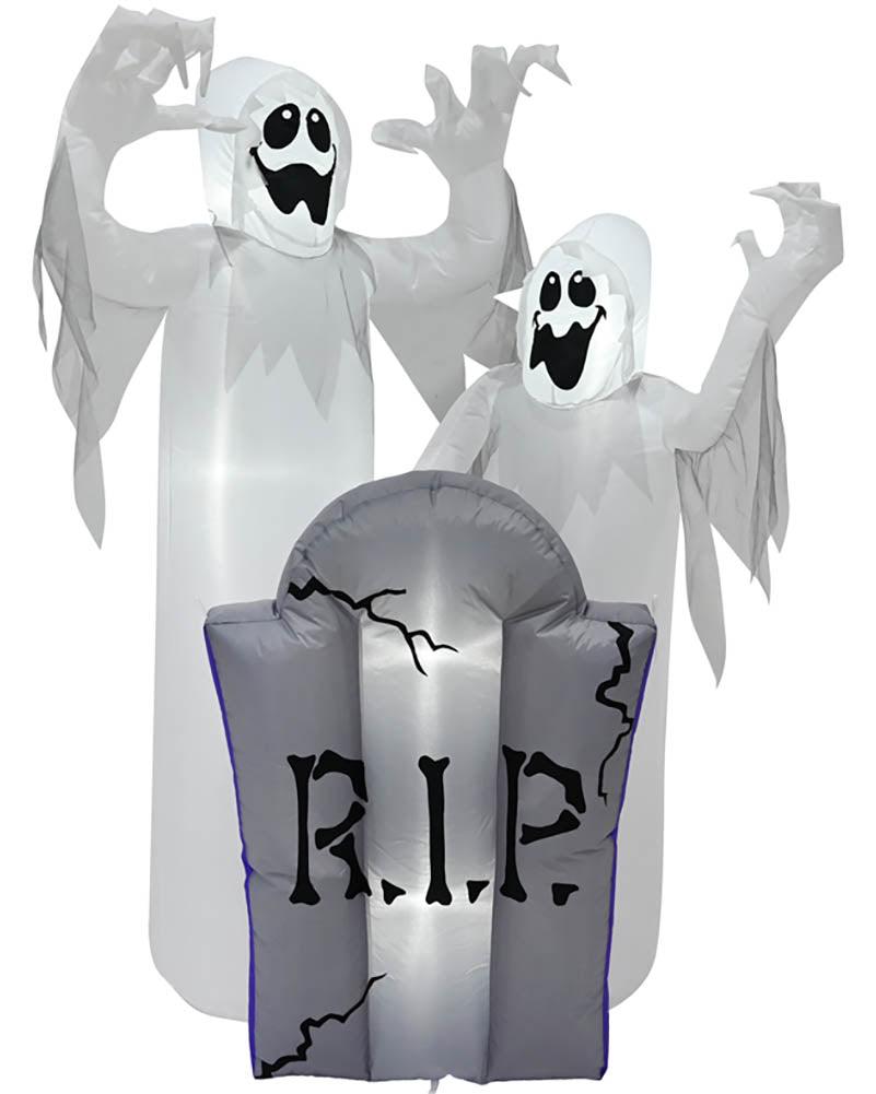 Inflatable Halloween decoration set featuring two white ghost figures with black facial expressions and a gray tombstone with 'R.I.P' lettering