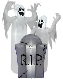 Inflatable Halloween decoration set featuring two white ghost figures with black facial expressions and a gray tombstone with 'R.I.P' lettering