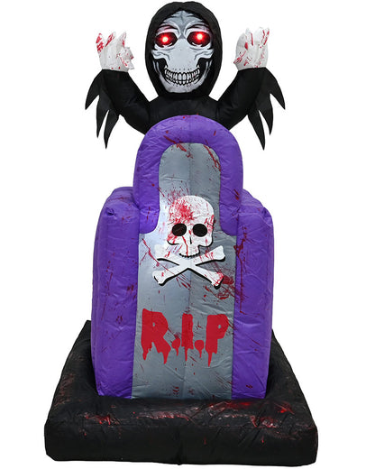 Inflatable Halloween decoration featuring a black hooded grim reaper with glowing red eyes and white blood-splattered hands, positioned behind a purple and gray tombstone with a skull-and-crossbones design and red 'R.I.P' lettering.