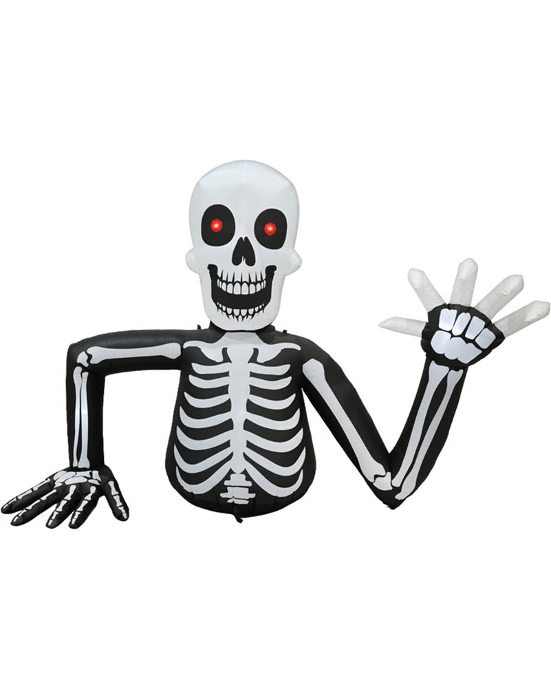 Inflatable skeleton Halloween decoration with a white skull head, black and white rib cage, and raised hand, shown on a plain white background.