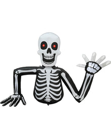 Inflatable skeleton Halloween decoration with a white skull head, black and white rib cage, and raised hand, shown on a plain white background.