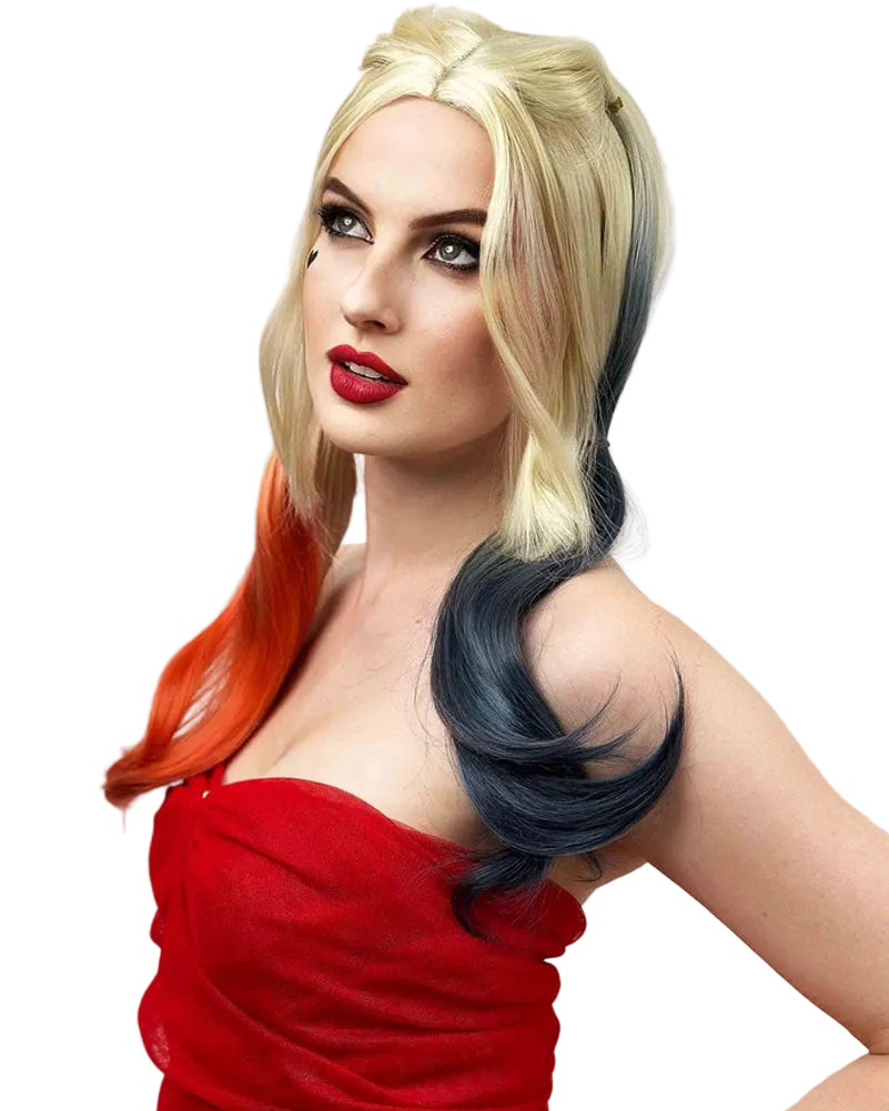 Joker Girl Blonde Pigtails with Red and Blue Tips Cosplay Premium Wig