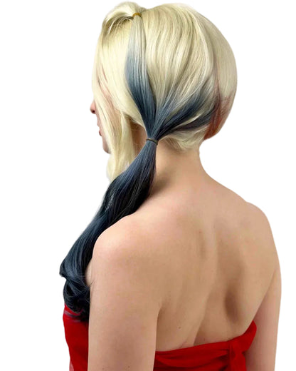 A woman shown from the back wearing a blonde and blue ombre ponytail wig, paired with a red strapless top against a plain light gray background.