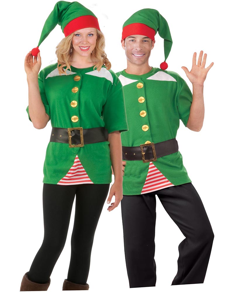 Two people wearing green elf costumes with red hats on a white background
