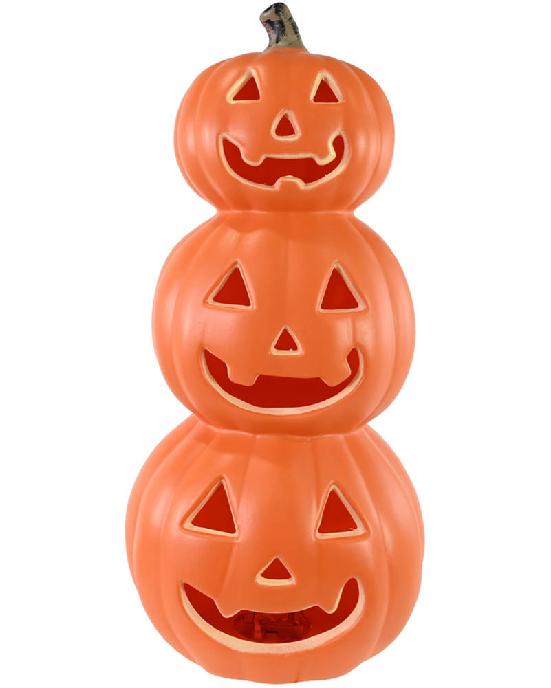A three-tiered stacked jack-o'-lantern decoration in bright orange, with carved facial features and a small stem at the top, shown on a plain white background.