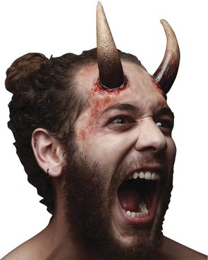 Man with devil horns and a bloody head on a white background