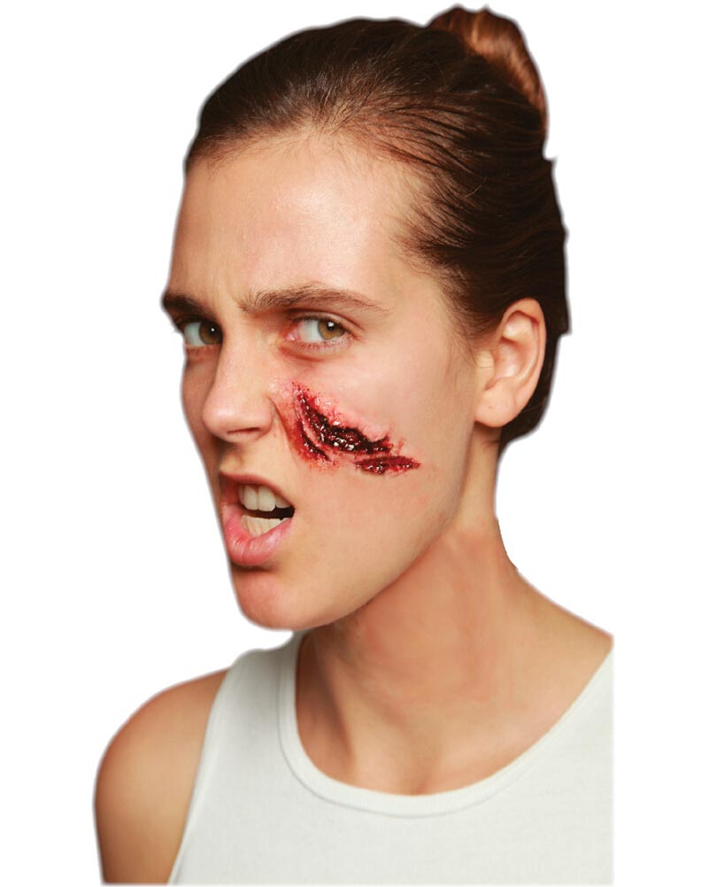 Person with a bloody wound on their face against a white background