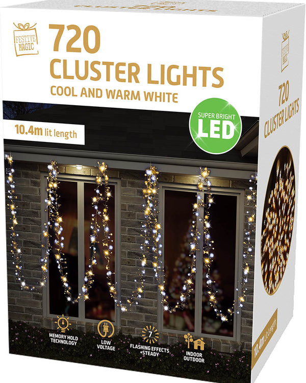 Cool and Warm White Cluster Lights 720 Piece LED Christmas Lights