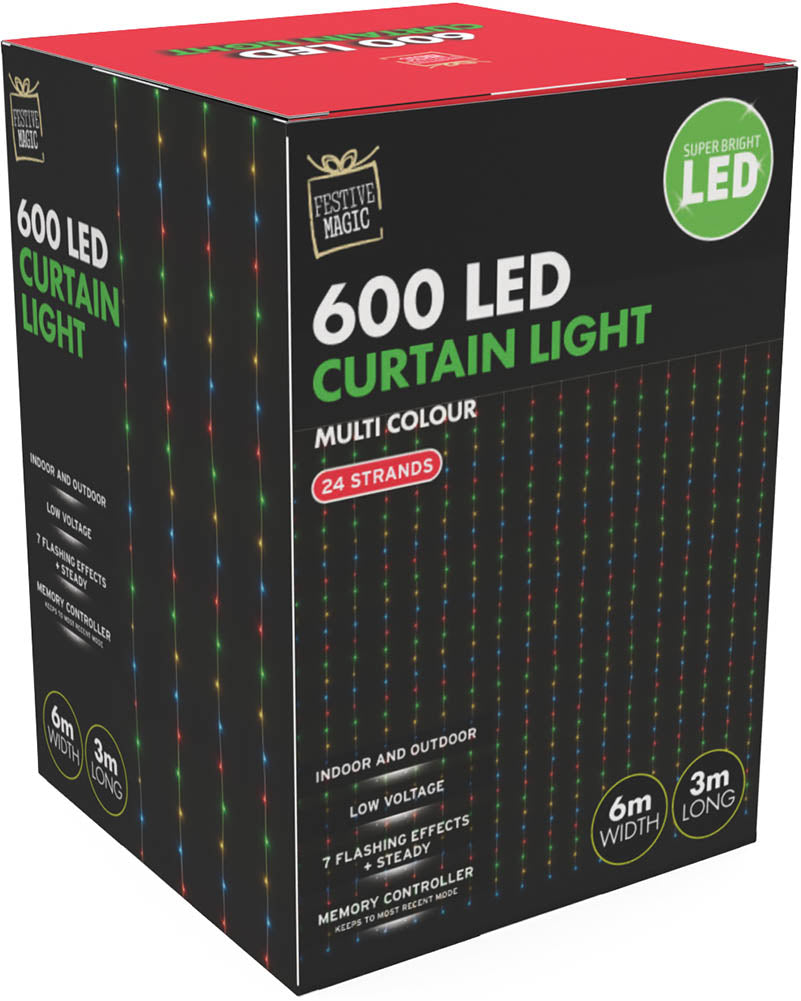 Flashing Multicolour 600 Piece LED Curtain Lights 6m