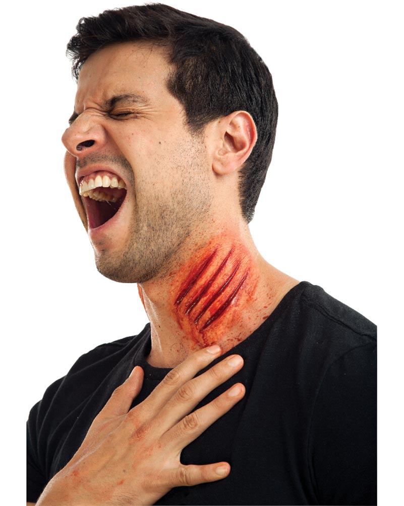 Man with a painful expression and red mark on his neck against a white background