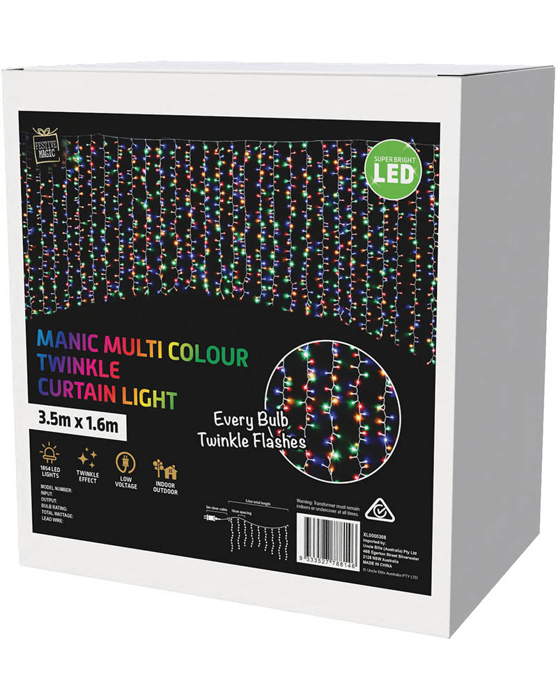 Manic Multicoloured Twinkling Christmas Curtain Lights 3.5m