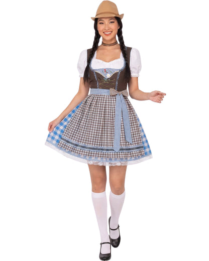 A woman modeling a traditional German dirndl costume against a plain white background. The costume includes a brown and beige gingham skirt with blue and white checkered trim, a brown faux-leather bodice, a white puffed sleeve, a white sweetheart neckline, a matching brown hat, white knee-high socks, and black shoes.
