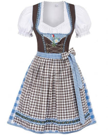 A traditional German dirndl dress with a brown and white gingham skirt, a brown bodice with lace-up front, a white puff sleeve, and blue gingham trim.