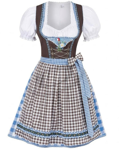 A traditional German dirndl dress with a brown and white gingham skirt, a brown bodice with lace-up front, a white puff sleeve, and blue gingham trim.