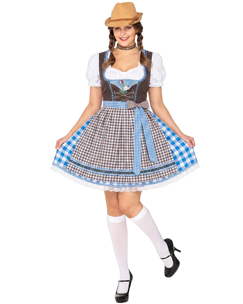 A woman modeling a traditional German dirndl costume against a plain white background. The costume includes a brown and white gingham apron skirt with a blue gingham border and waist tie, a brown faux-leather bodice with embroidered details, a white puffed sleeve, a white collar, a tan hat, white knee-high socks, and black Mary Jane shoes.