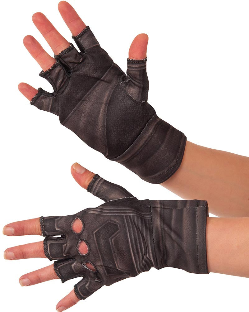 Black fingerless gloves worn on a white background