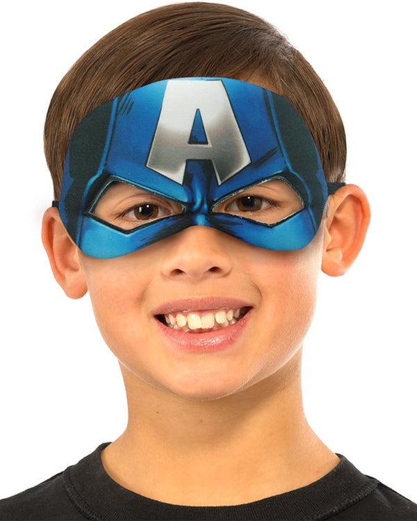 Child wearing a Captain America mask on a white background