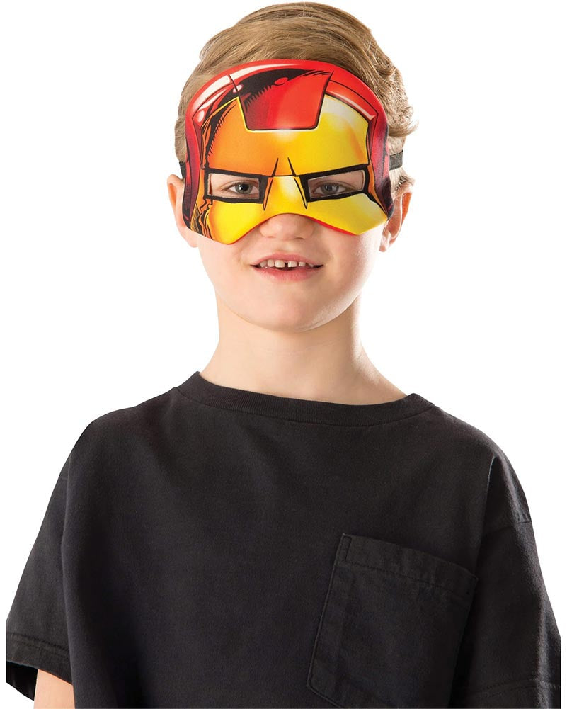 Child wearing a superhero mask with 'Iron Man' design, against a white background.
