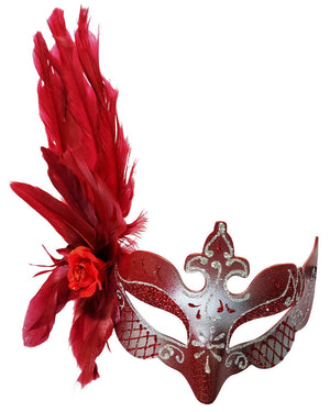Masquarade Red and Silver Feathered Eye Mask