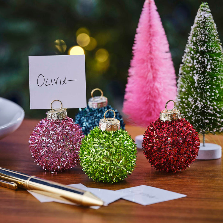 Christmas Merry & Bright Tinsel Bauble Place Card Holders Pack of 4